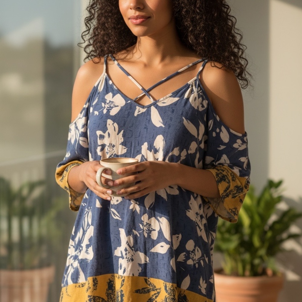 Lush Women's Small Floral Cold Shoulder‎ Dress Blue Boho Flowy Strappy Summer